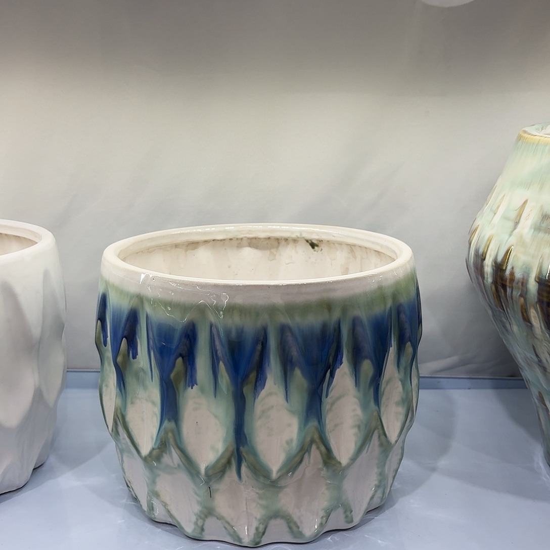 ****清陶瓷花盆直筒边口蓝口径21高度19