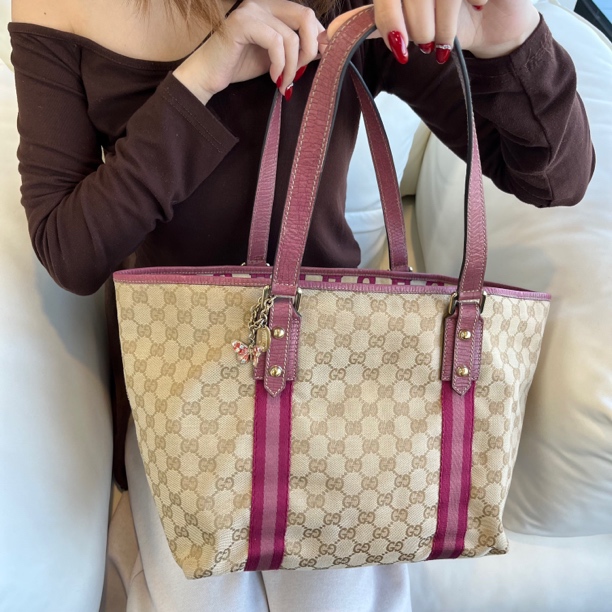 95新 GUCCI/古驰 XM/黄棕拼粉经典老花满印单肩托特包/BB11504003