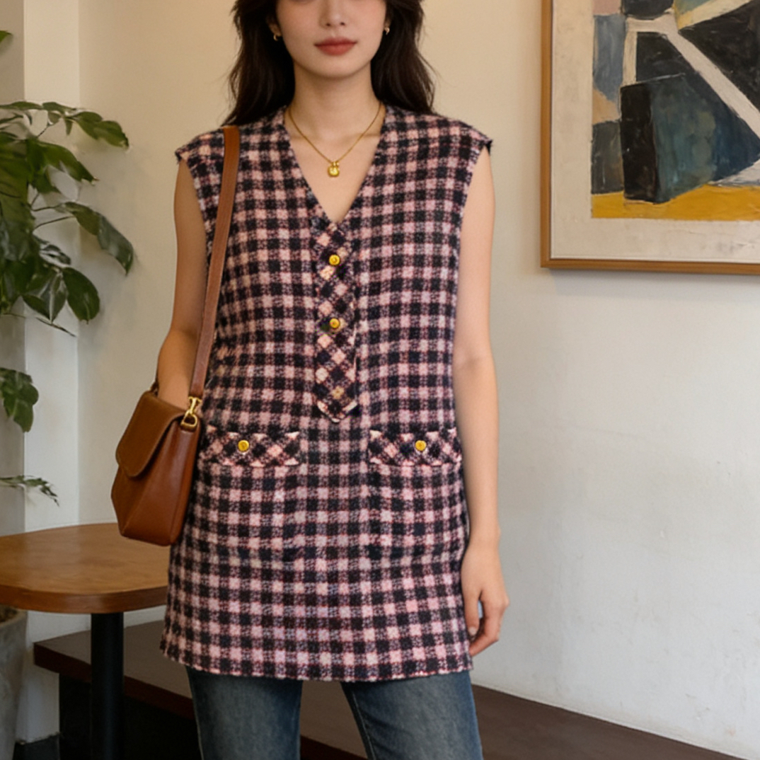 99新 GUCCI/古驰 D500637/金扣格纹无袖连衣裙/44码