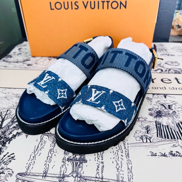全新未使用 LouisVuitton/路易威登 丹宁牛仔拼皮凉鞋38码ysc0777