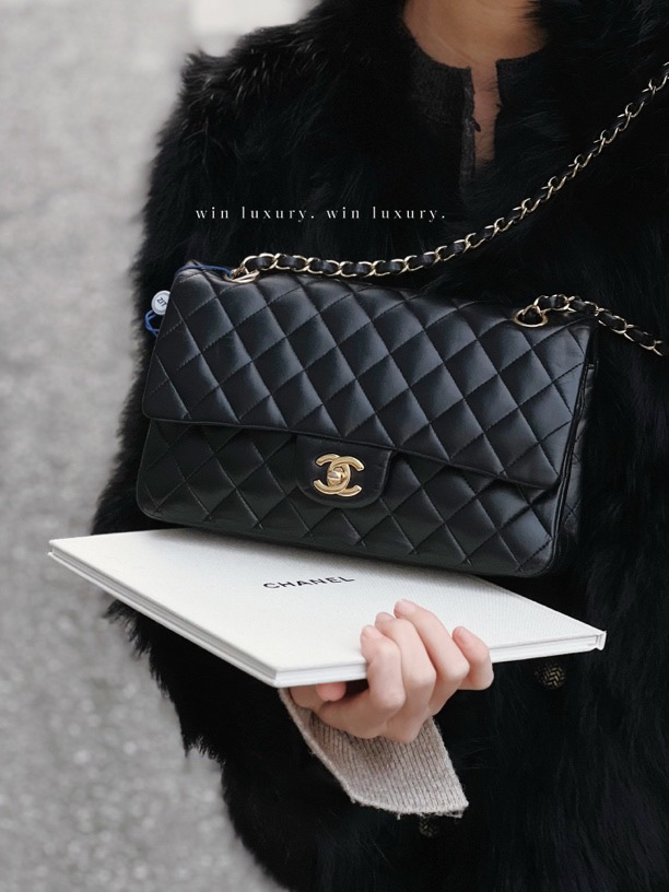 95新 Chanel/香奈儿 香奈儿黑金菱格cf中号单肩斜挎包 24开带卡