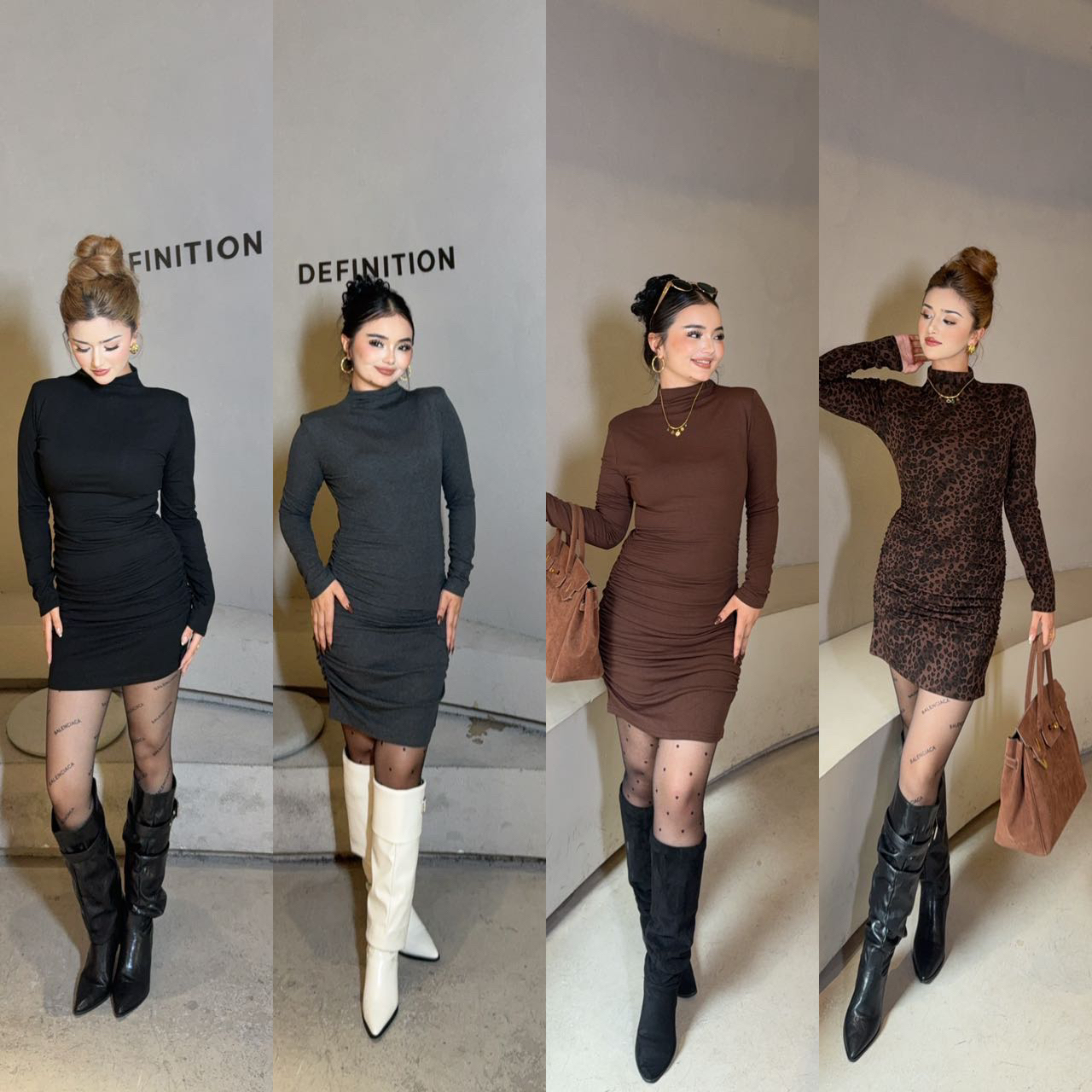 Rayhon辣妹半高领长袖修身包臀连衣裙春秋秋冬内搭打底裙