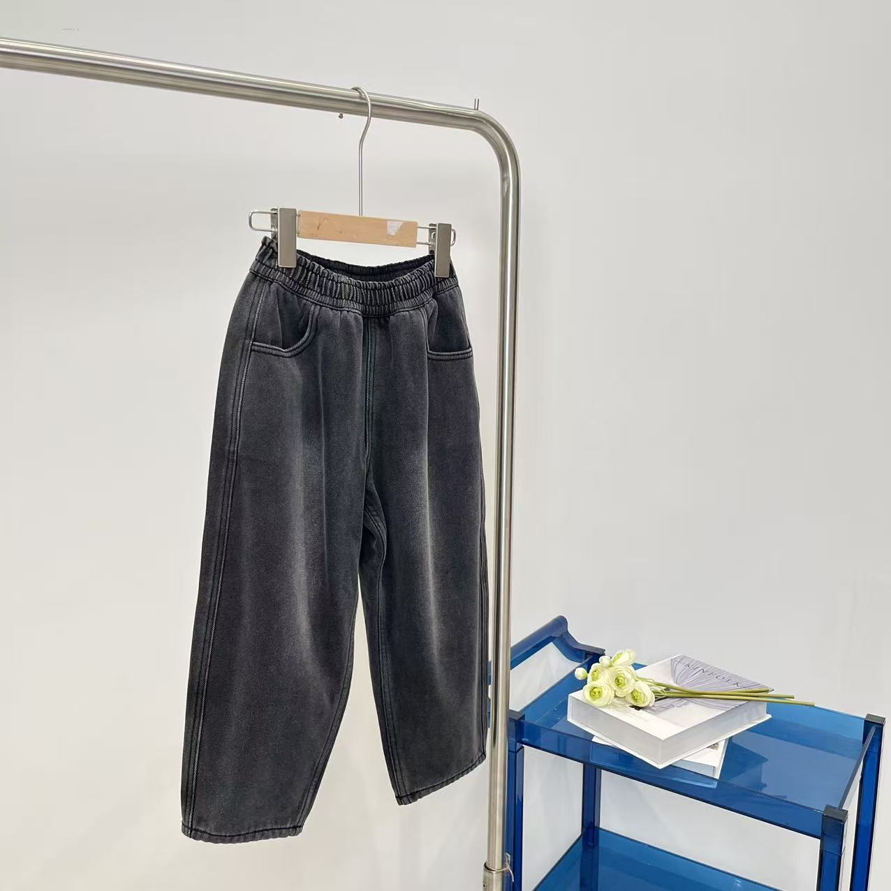 秋冬男童女童加绒牛仔长裤黑色 3510卓系