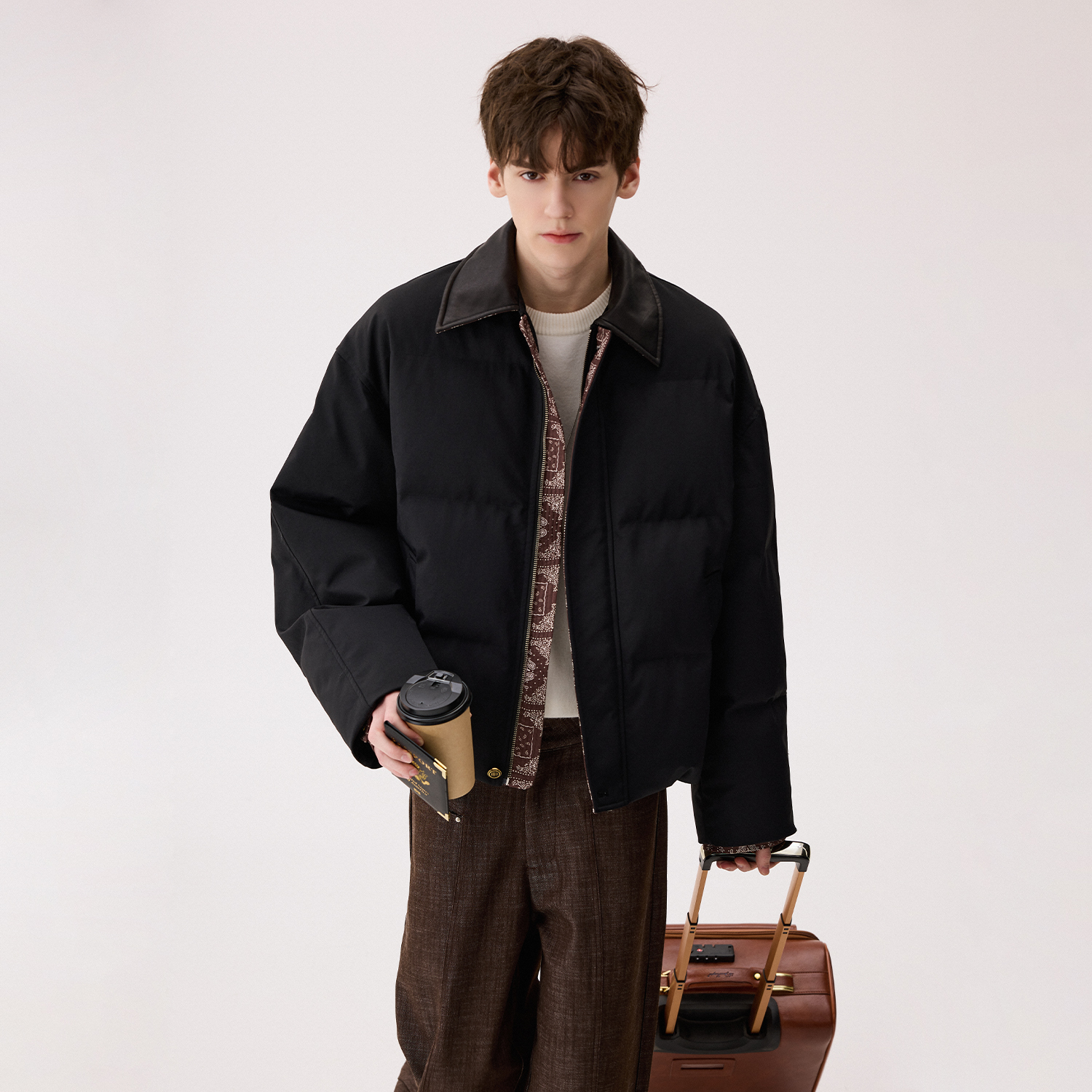 CHICERRO西西里男装腰果花拼接皮领手塞棉服男士短款时尚休闲宽松