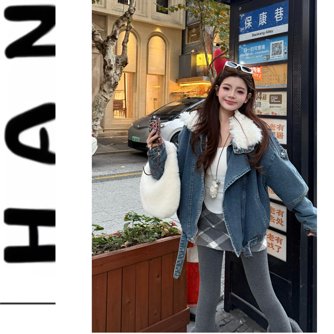 【机车牛仔】韩版新款时尚百搭气质宽松翻领毛领羽绒牛仔外套