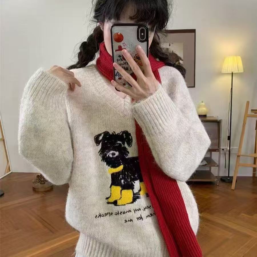 V领小狗毛衣女冬季2025新款慵懒风高级感宽松软糯套头针织衫上衣3