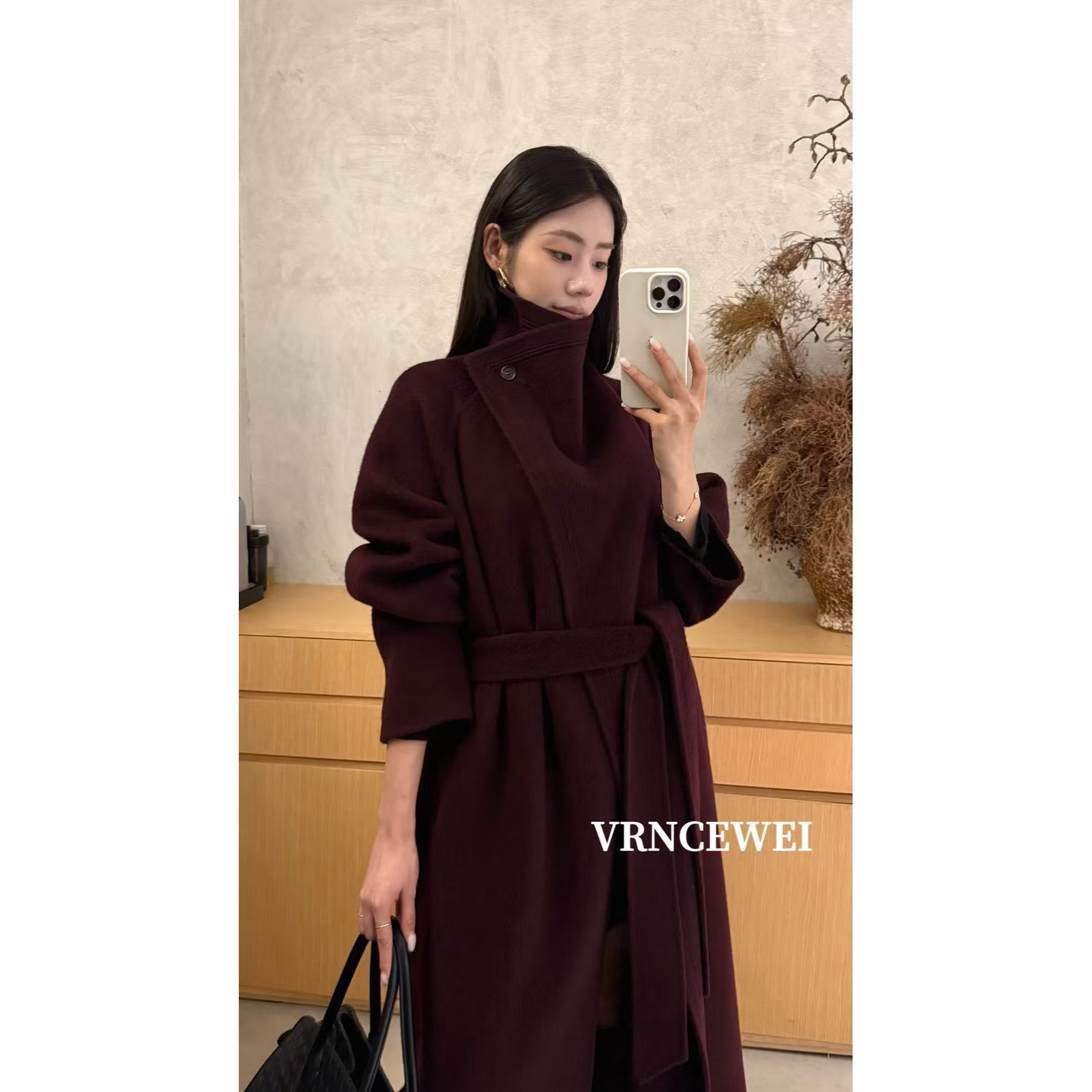 爱唯依（F）-立领的！绑带收腰大衣外套（657RVY0036#）VRNCEWEI