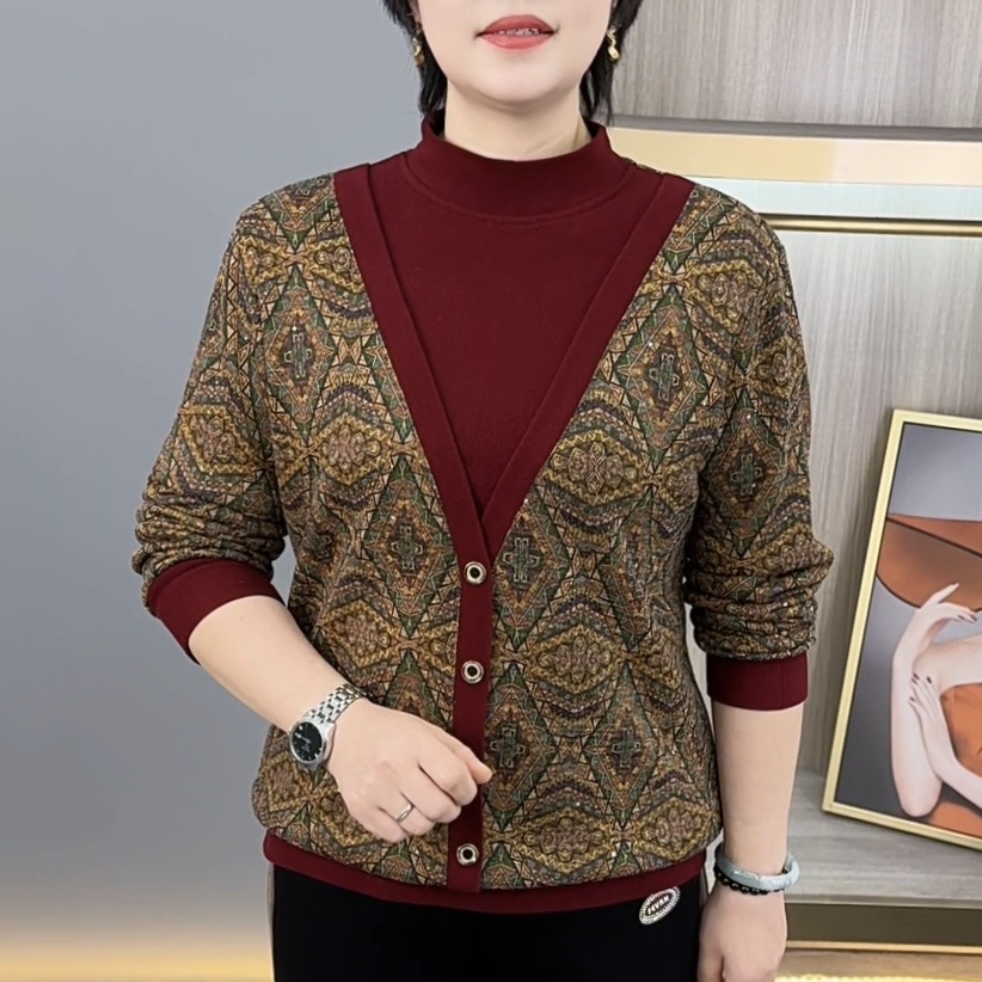 秋冬新款长袖洋气妈妈上衣加绒季候减龄百搭气质显瘦女装H9872