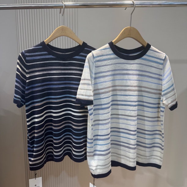 【26】水淼春夏新品2523-时尚简单百搭段染条纹短袖毛衫