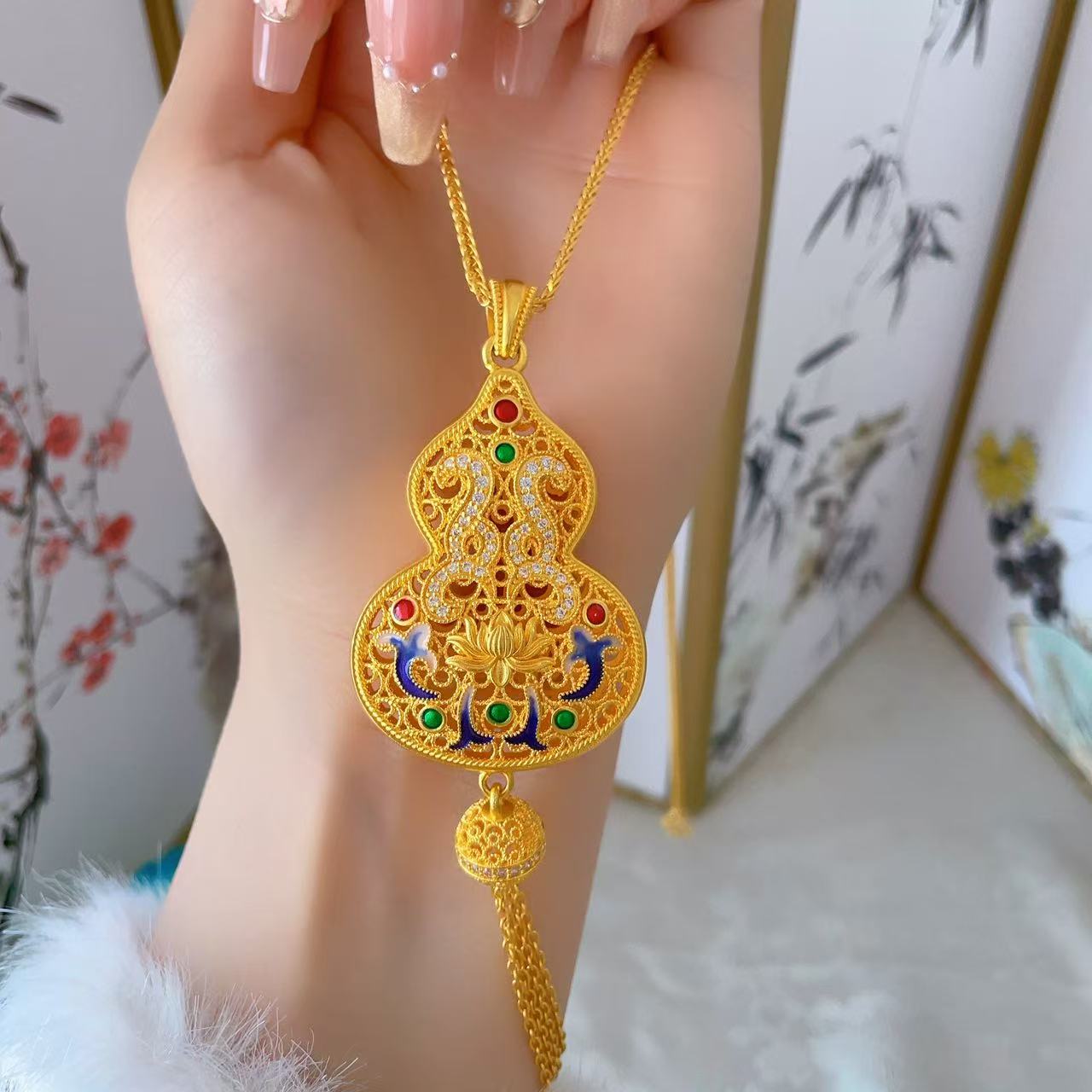 吊坠足银 妙莲福禄流苏吊坠镂空花丝葫芦毛衣链送女友镶嵌精美