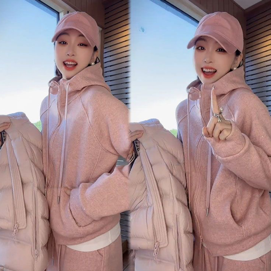 加绒加厚时尚休闲套装女2025秋冬新款洋气连帽开衫阔腿裤两件套潮