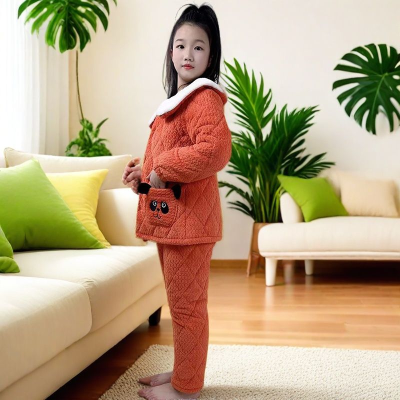 儿童法兰绒睡衣家居服冬季加绒加厚女童珊瑚三层夹棉保暖套装06