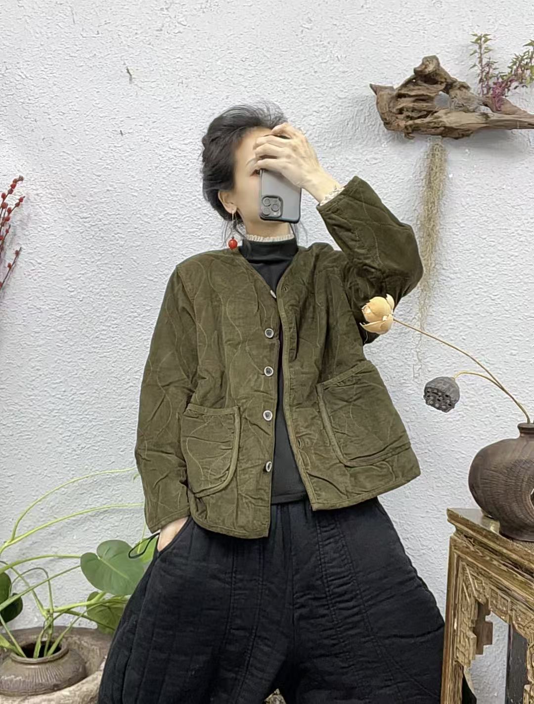 2211夹棉细纹灯芯绒圆领棉袄上衣（前60后65胸围120