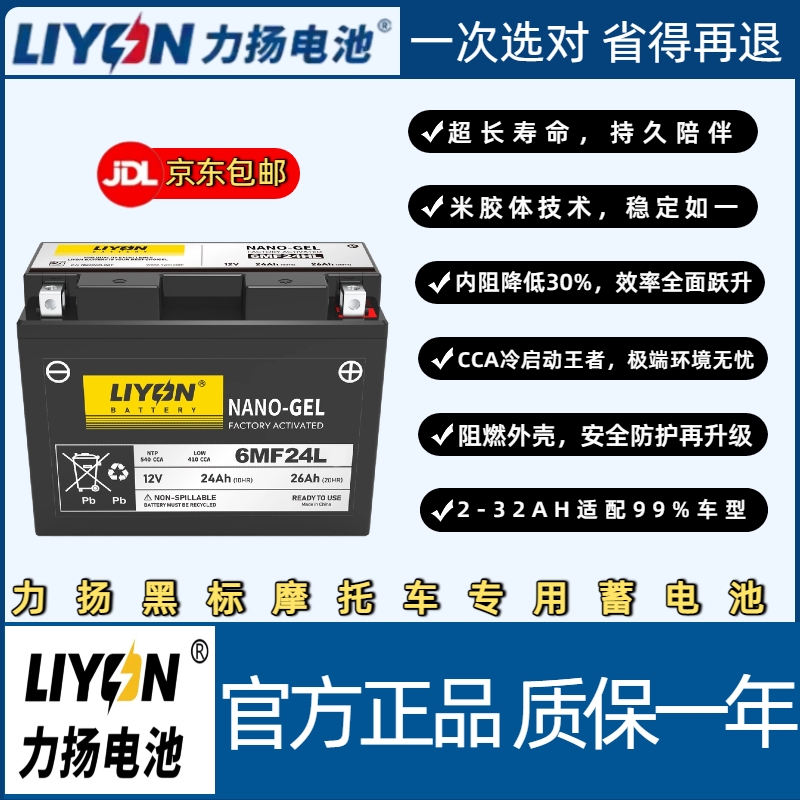 力扬新黑标系列【16~32AH】适配大排量摩托车12V通用电瓶蓄电池