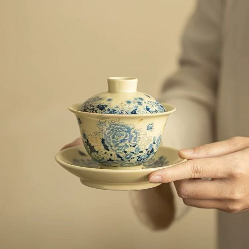 蓝韵繁花万花三才盖碗茶杯家用陶瓷泡茶器功夫茶具小套组0957