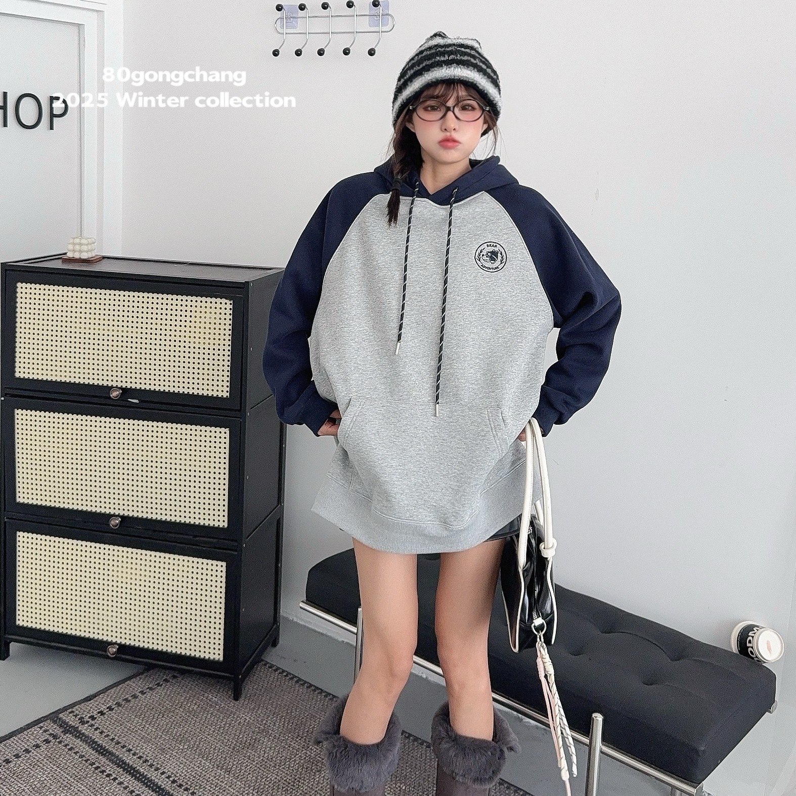 冬款连帽插肩袖胖mm宽松卫衣（衣长70左右，胸围123左右）