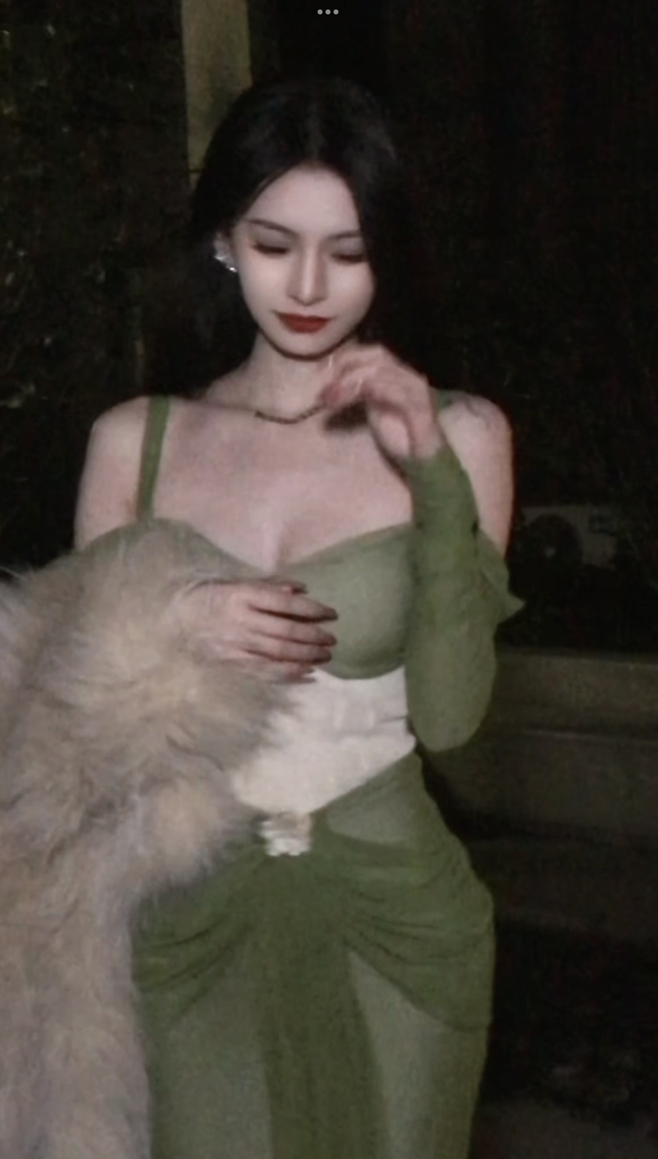 藏玉白【茶女】设计师款绿色高级感蕾丝鱼骨拼接连衣裙-Y-000157