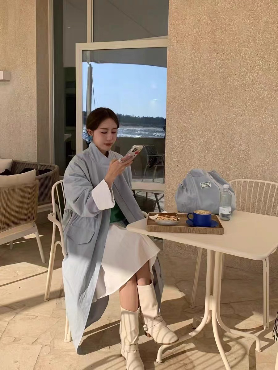 灰灰呀！9807 濑户内蓝调 韩系复古设计感百搭中长款收腰风衣外套