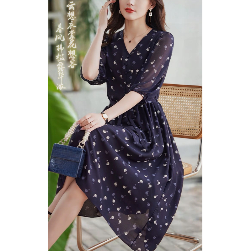 《XI》云影天鹅经典印花连衣裙时尚优雅连衣裙子