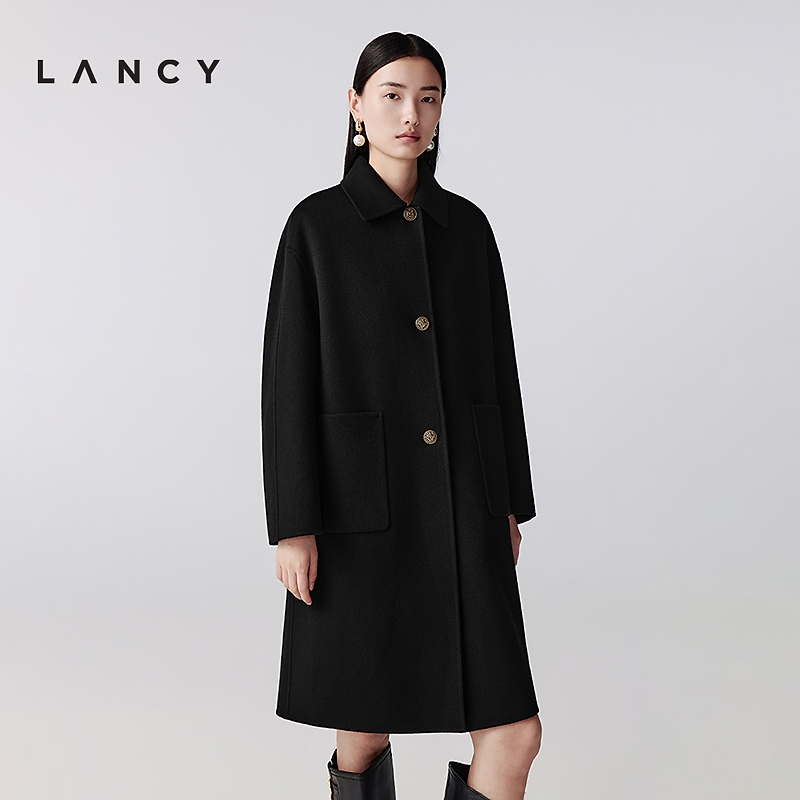 LANCY/朗姿2025冬新款气质时尚双面呢长大衣女翻领黑色外套中长款