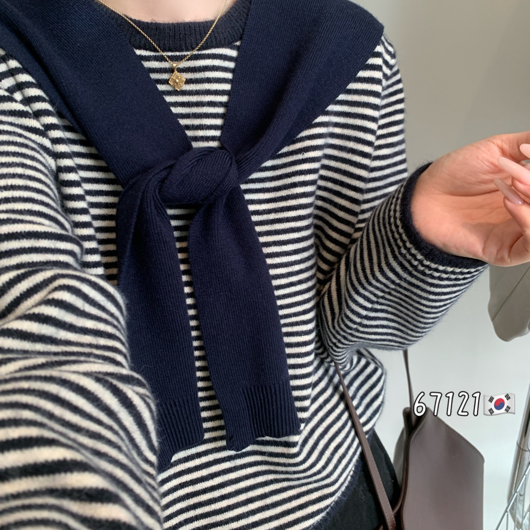 67121 韩系慵懒风条纹长袖针织文艺小披肩
