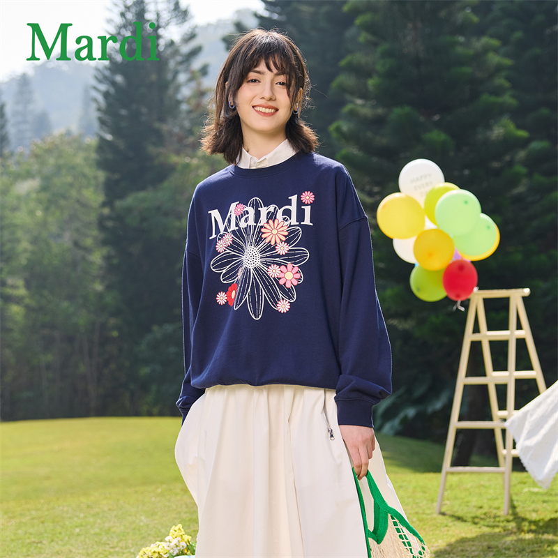 Mardi新潮风雏菊圆领女套头落肩袖宽松冬季卫衣长袖印花