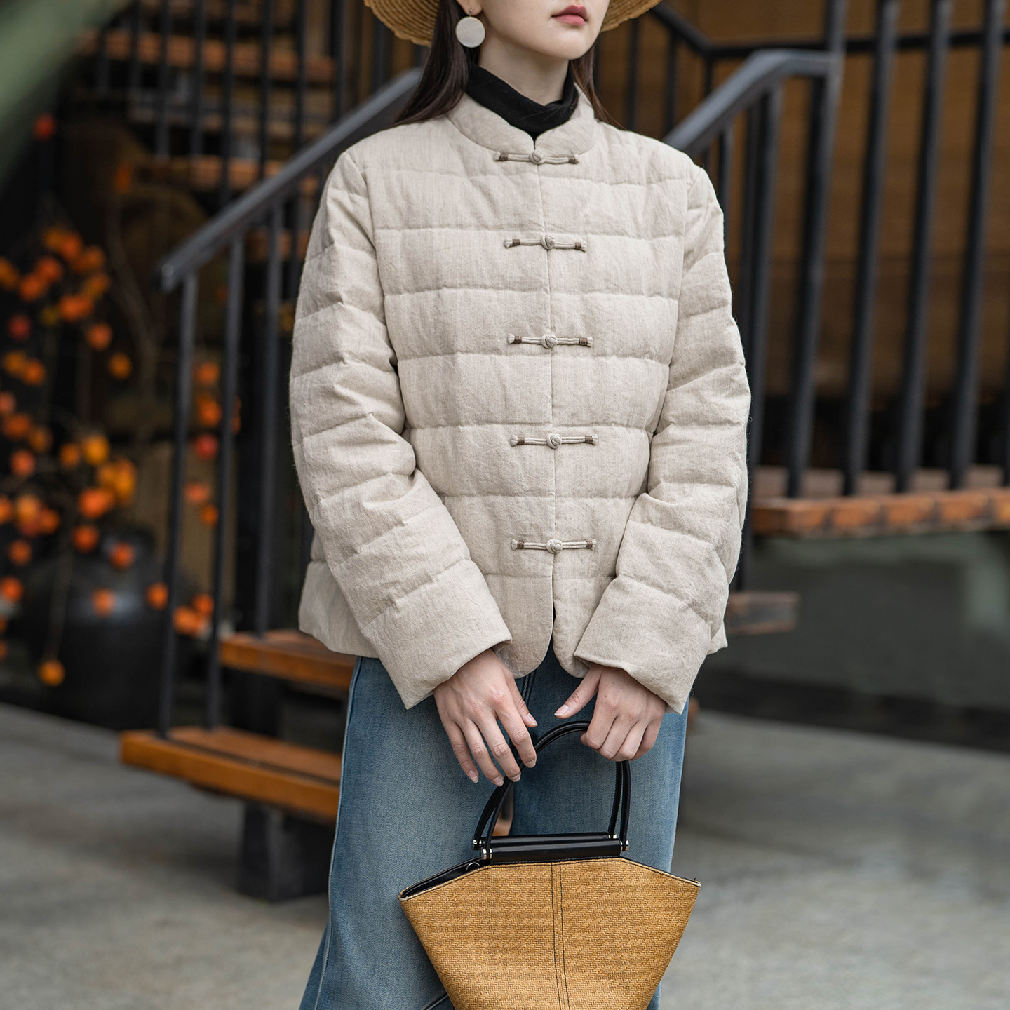 言作原创中式禅意质朴亚麻厚实显瘦95白鹅绒短款羽绒服 此之外 二