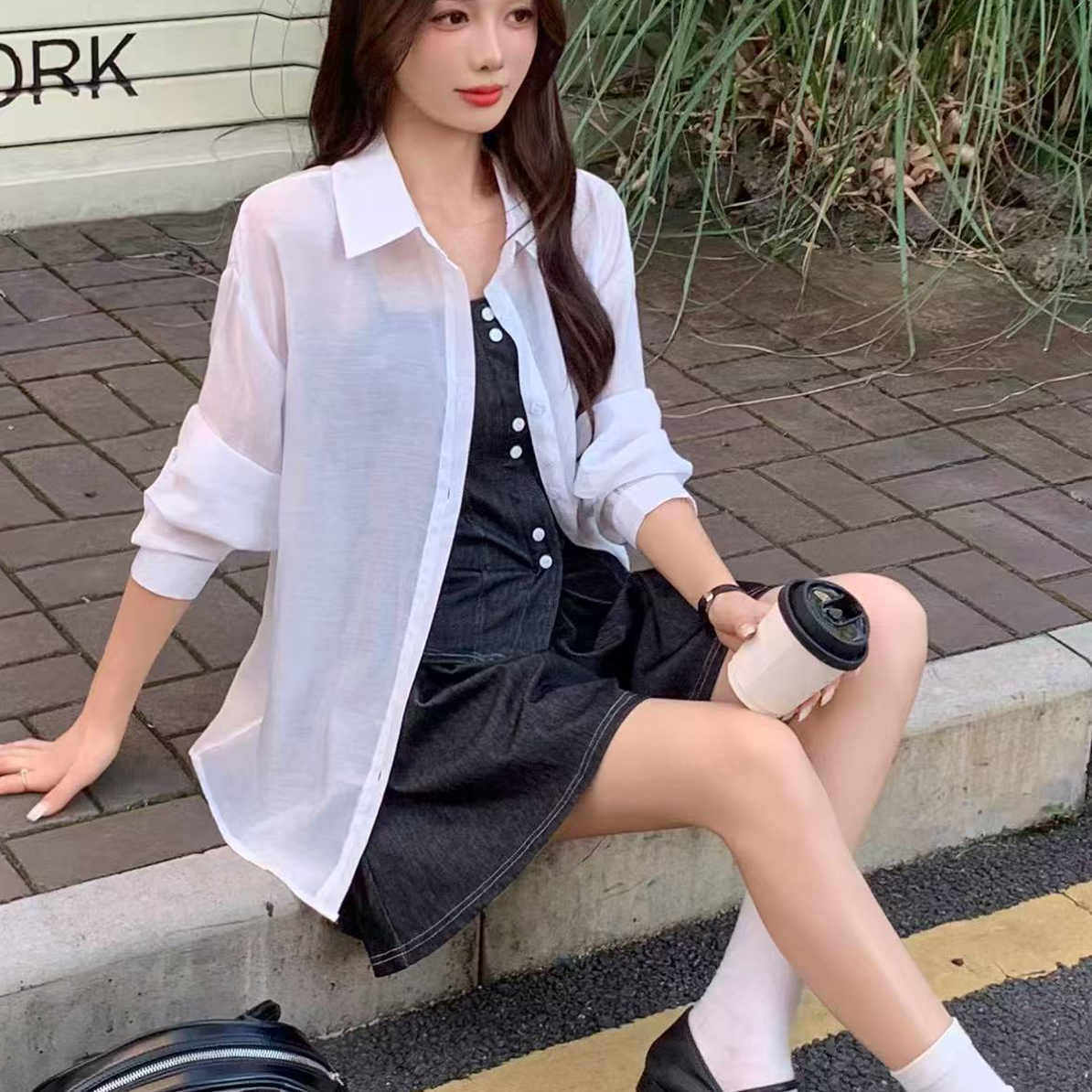 3476#【衣长62裤长40】秋季纽扣装饰吊带开衫外套裤裙女装