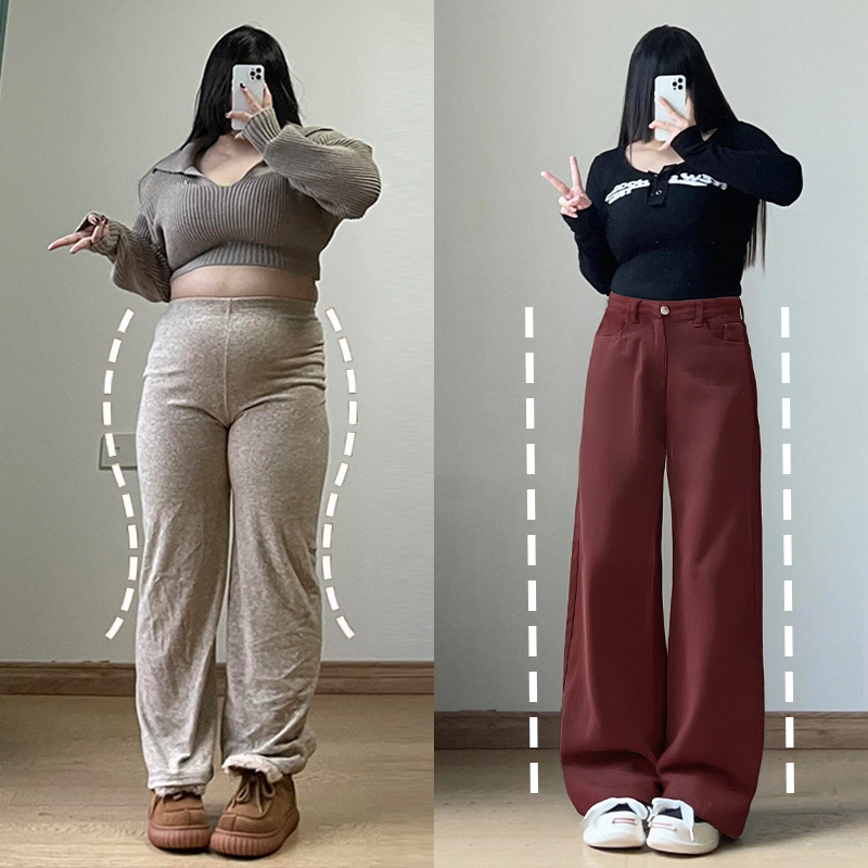 大码美式甜酷辣妹直筒牛仔裤女胖mm安可拉红裤子设计感显瘦阔腿裤