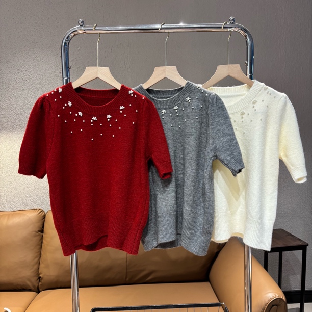 新疆包邮【c931】钉珠短袖圆领针织衫（配袖套）衣长56