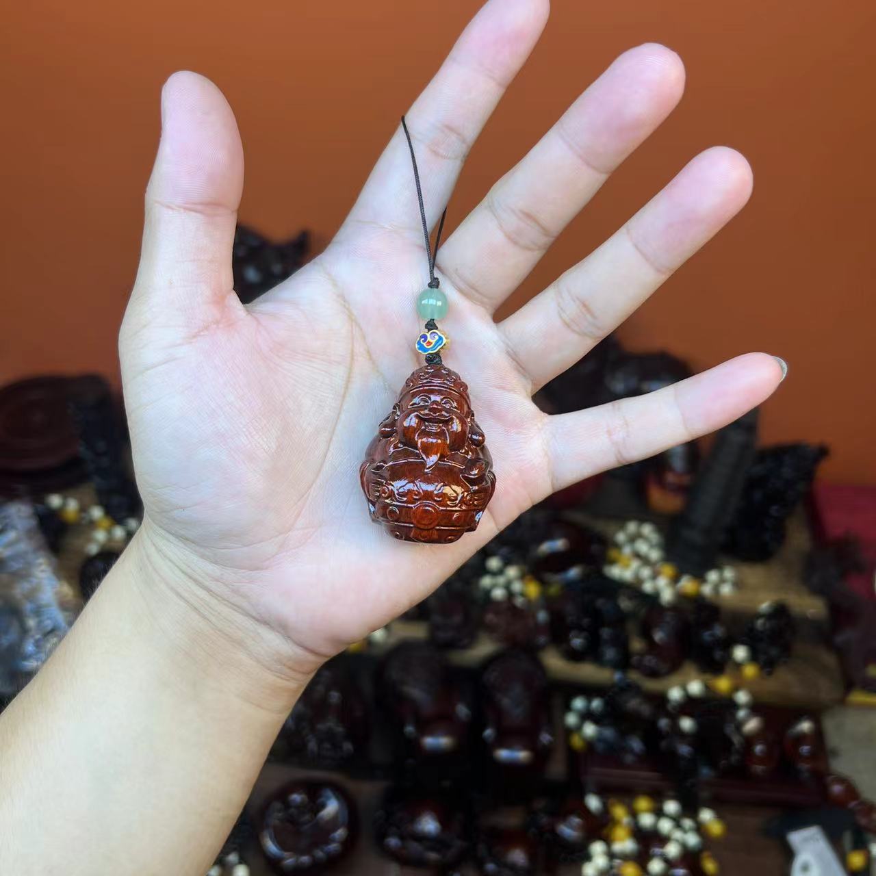 紫檀木【小财神】实木雕刻手机钥匙扣吊坠