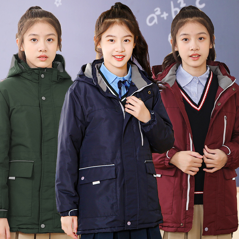 中小学生校服棉袄中大童冲锋衣冬款加绒加厚中长款棉衣厚款男女童