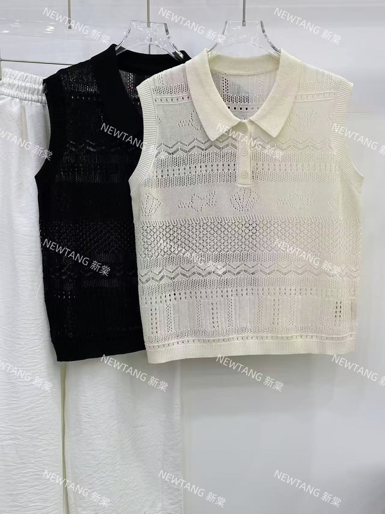 【气质欧尼】297法式温柔风镂空POLO领粉款针织背心