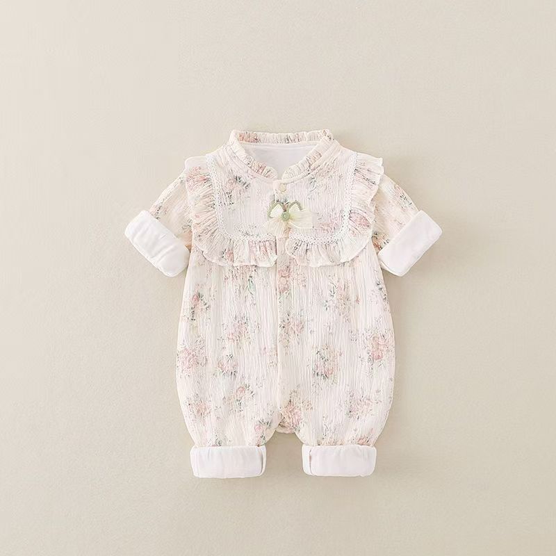 双层长袖公主碎花哈衣新生儿宝宝婴儿爬服女宝外出服婴儿秋季衣服