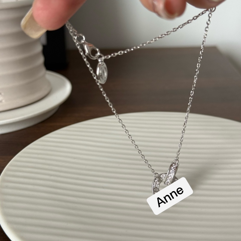 铜合金项链 双环圆饼银色镶嵌吊坠项链【X719】