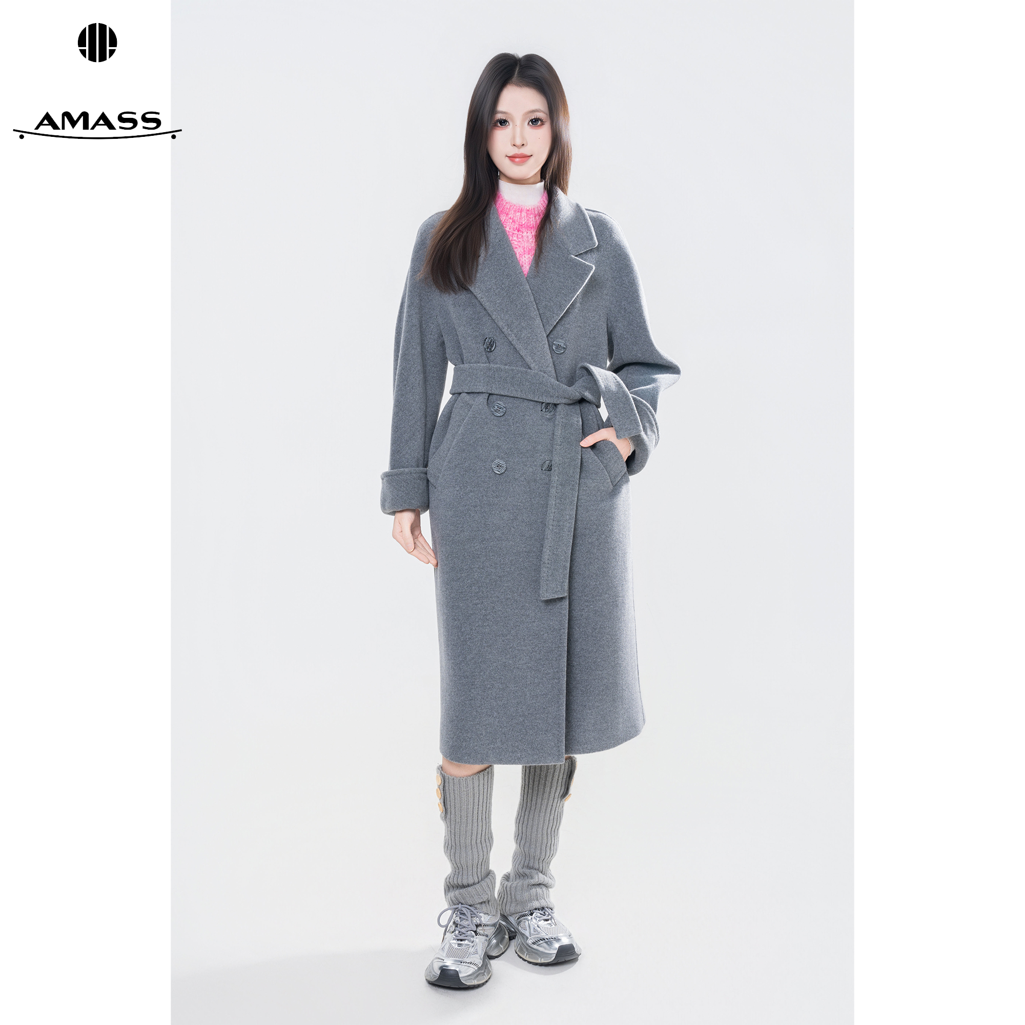 AMASS/阿玛施秋冬款翻领中长款系带双排扣过膝毛呢大衣女 5400861