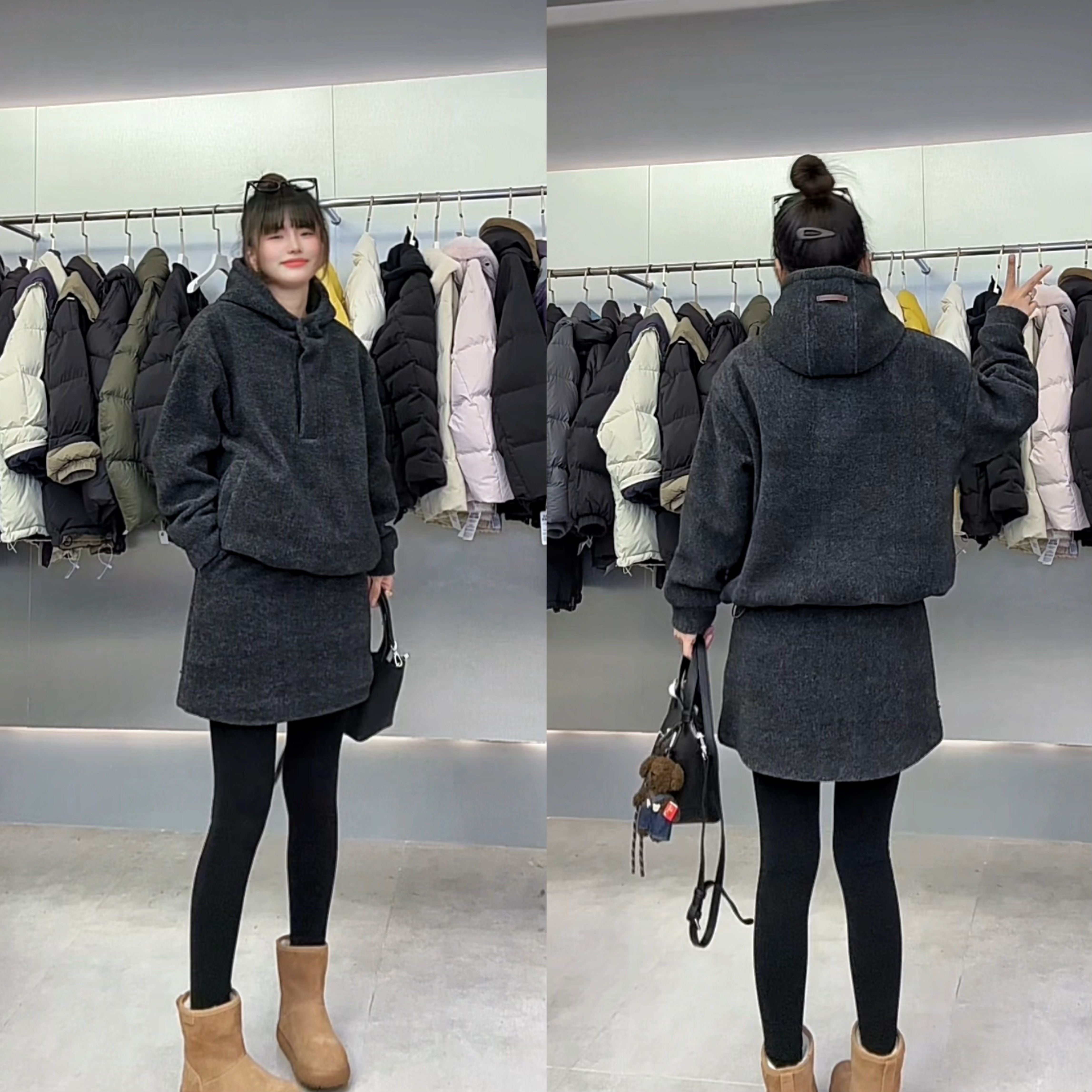 【YL严选】冬季一整套巨好看韩系时尚洋气休闲连帽外套半身裙两件套