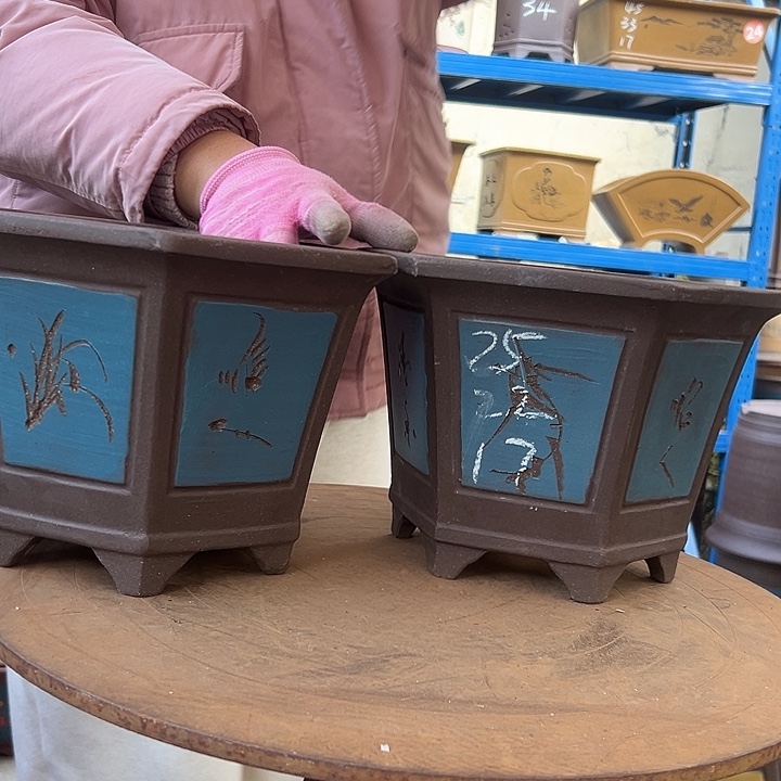 25+25蓝刻绘六方花盆花盆花盆