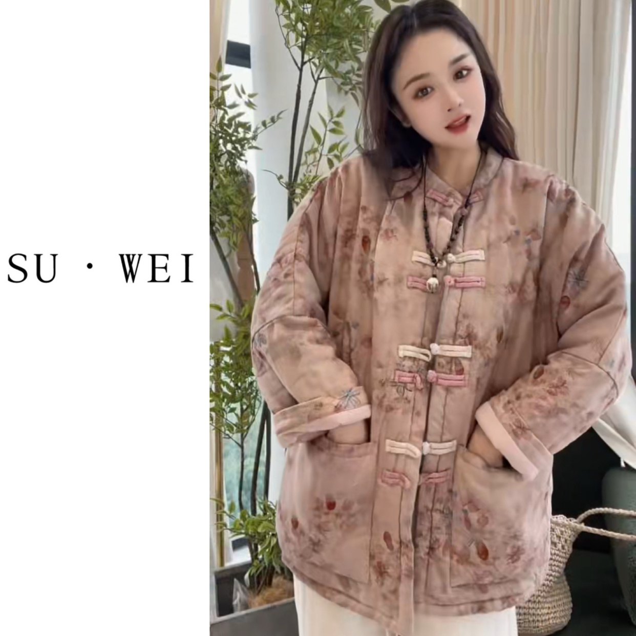 88160冬季厚款复古印花盘扣圆领宽松休闲棉衣外套