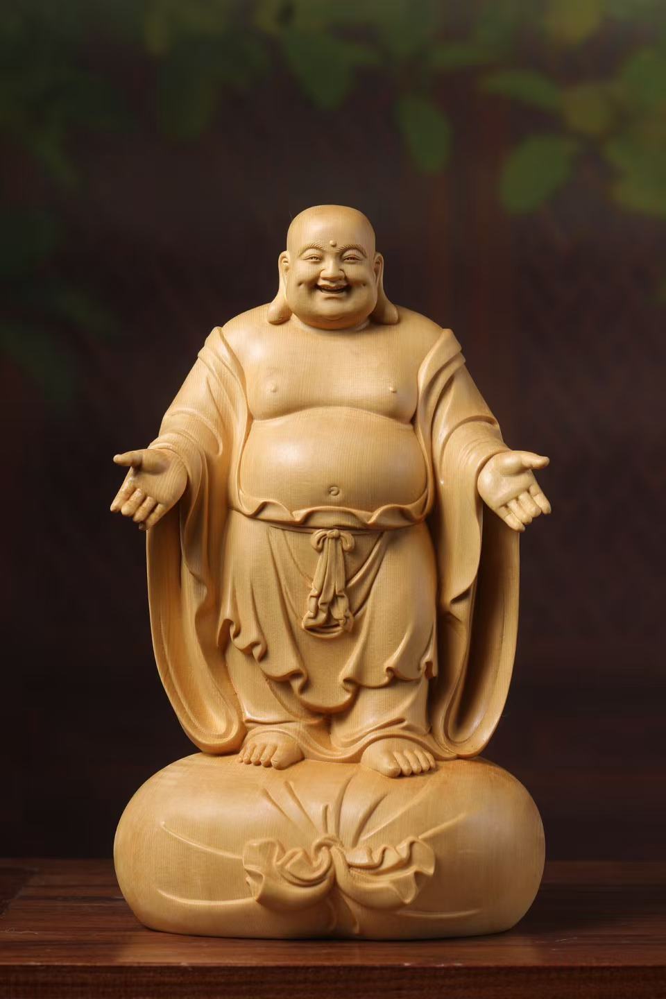 桧木雕刻欢喜弥勒佛玄关摆件大肚笑佛像家居办公装饰品实木工艺品