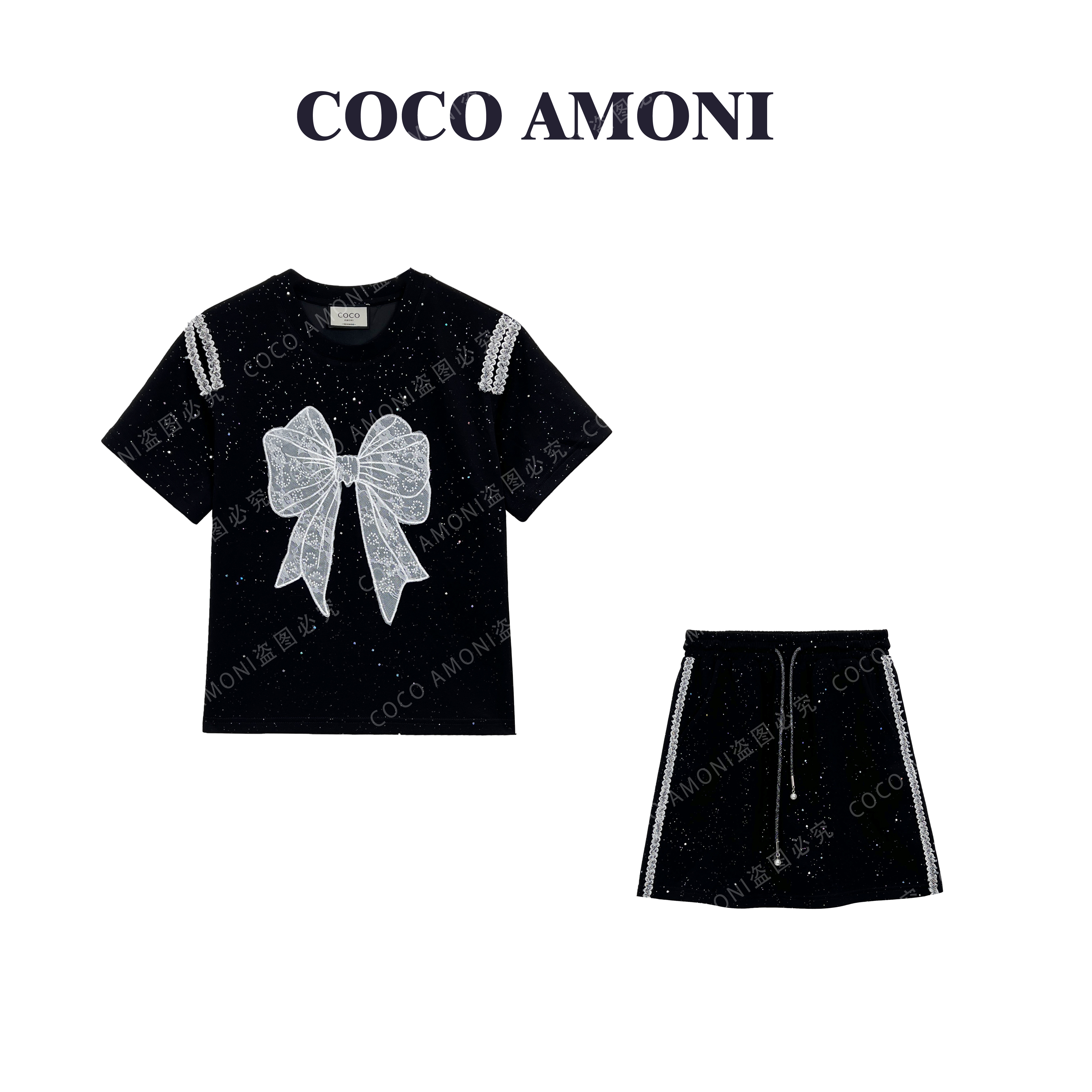 夏日轻奢时尚设计新款女装满钻重工蝴蝶结显瘦高级套装AC216