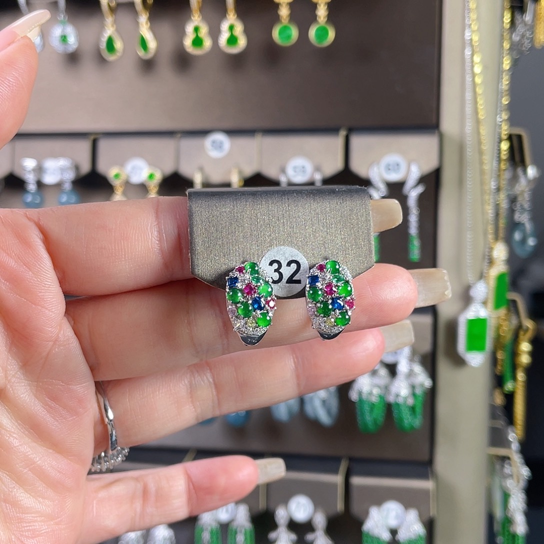 粥***粥翡翠银S925镶嵌耳饰翡翠