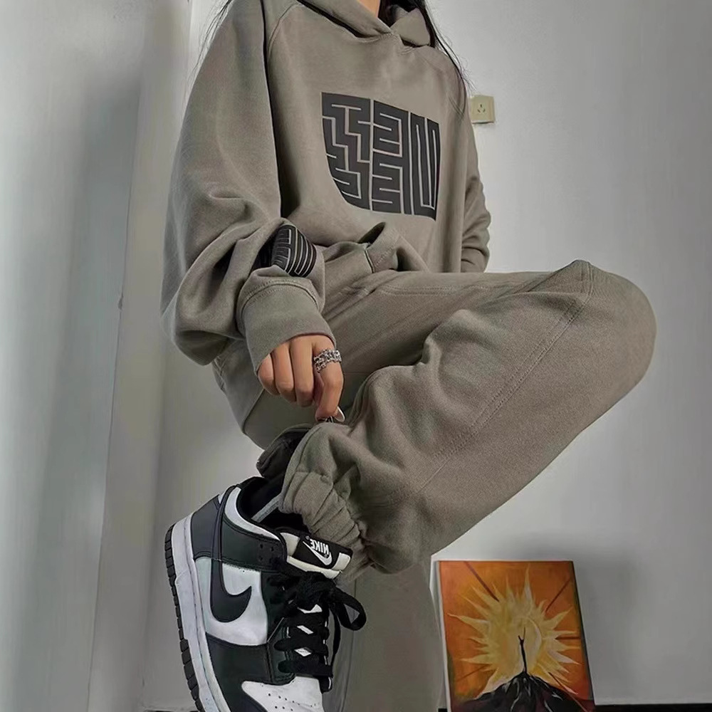 纯棉休闲运动套装女春秋冬季时尚穿搭高级感美式连帽卫衣两件套潮