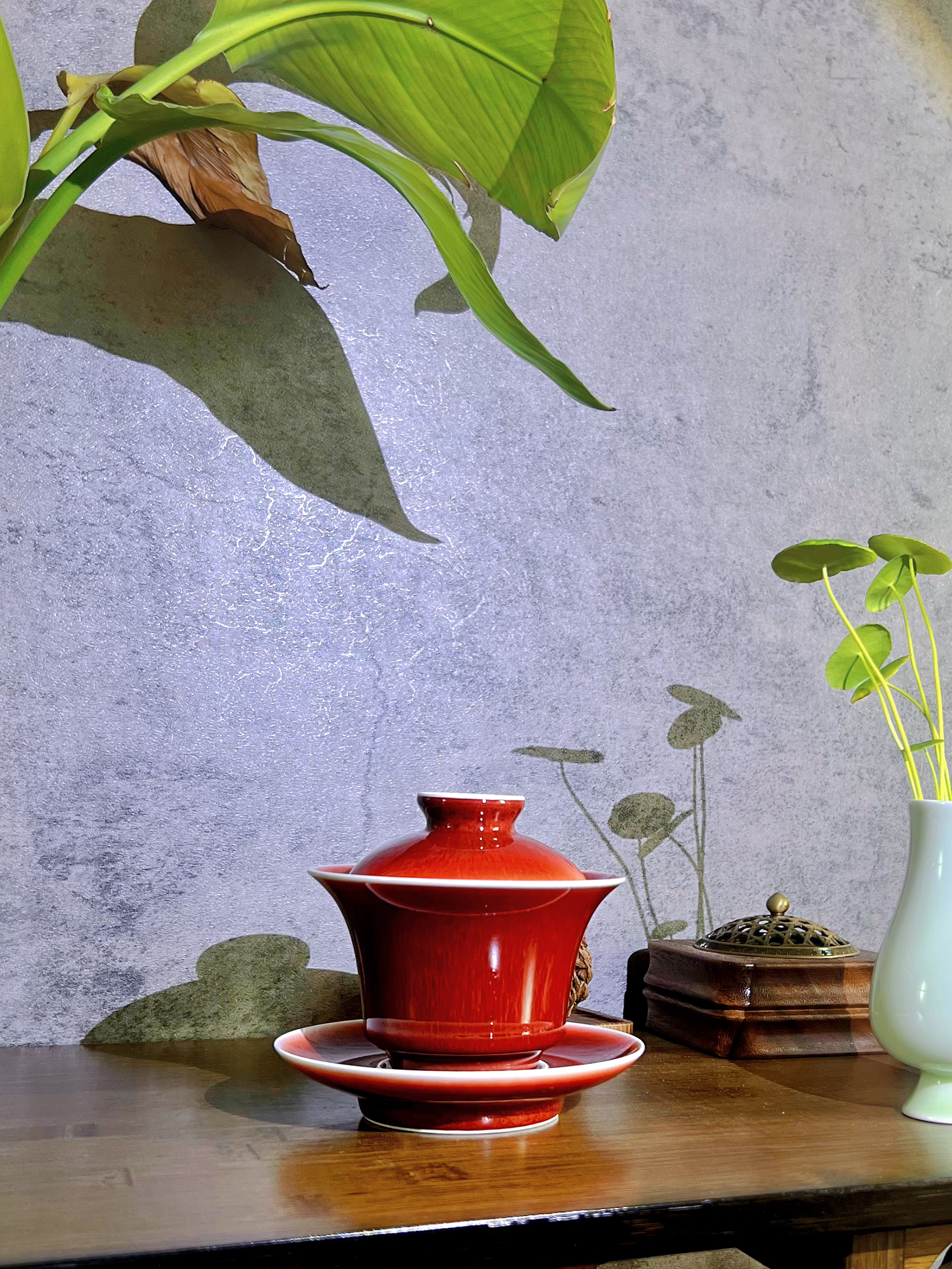 景德镇名陶雅玩原矿郎红精品马蹄盖碗手工制作高温瓷