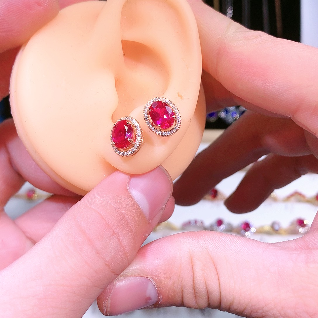 红宝石耳饰银S925镶嵌