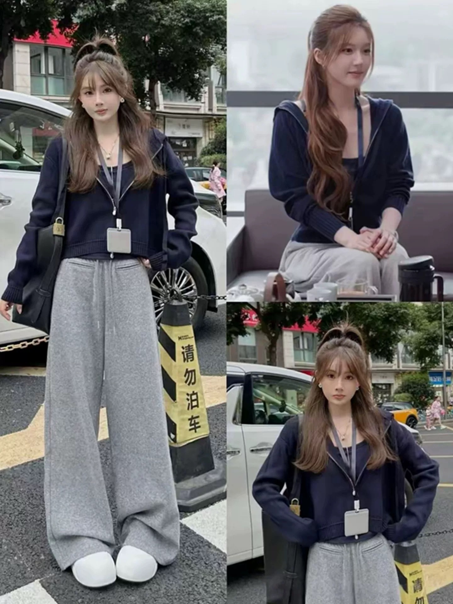 312秋冬新款韩系简约休闲气质百搭小众高腰抽绳设计感灰色休闲裤