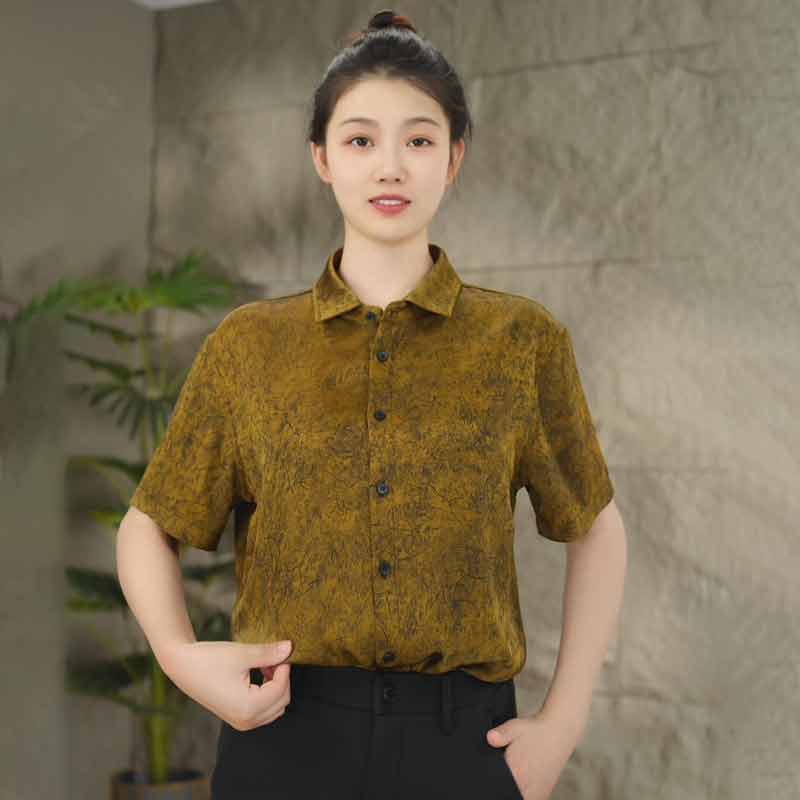 男士时尚半袖夏季衬衫翻领香云纱短袖军龟裂纹薄款黄色桑蚕丝百搭