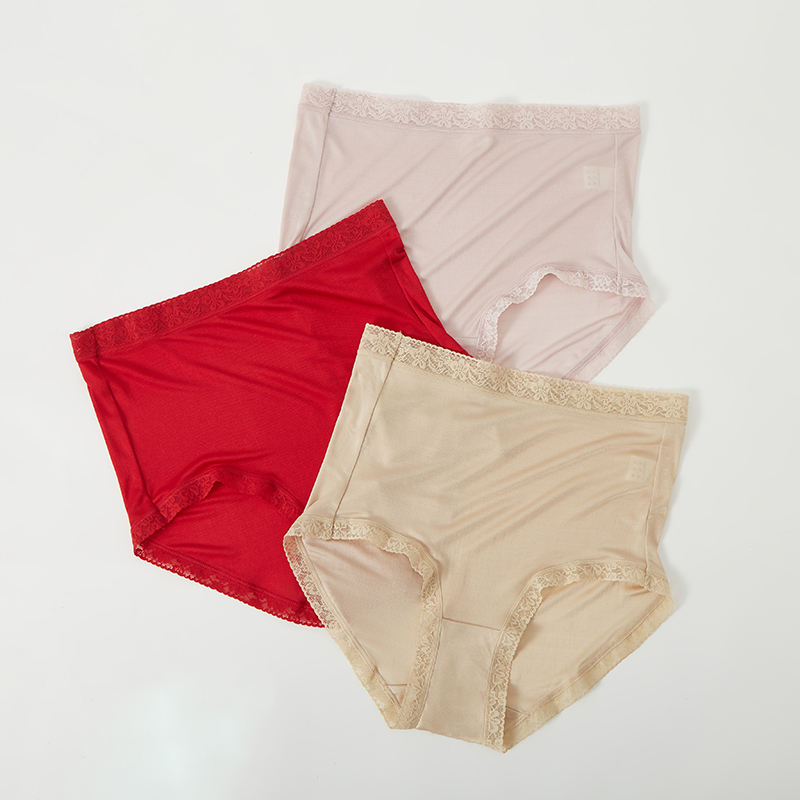 P哥100桑蚕丝圣诞新年抑菌舒适蕾丝高腰女三角裤【2件惊喜】2531