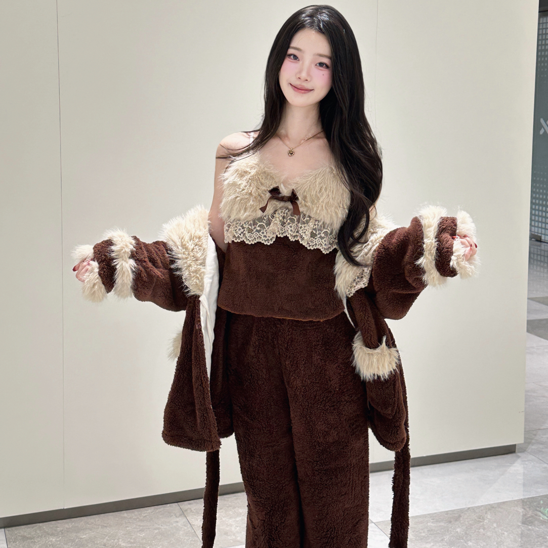 【奶油摩卡】秋冬新款保暖冬季女优雅韩系轻奢加厚家居服套装睡衣