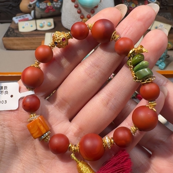 南红玛瑙18K金镶嵌手串原矿